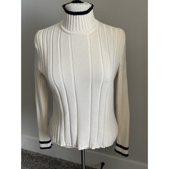 Vintage Ann Taylor Ribbed Mock Turtleneck Sweater White Black Trim Small Cotton - Picture 1 of 10